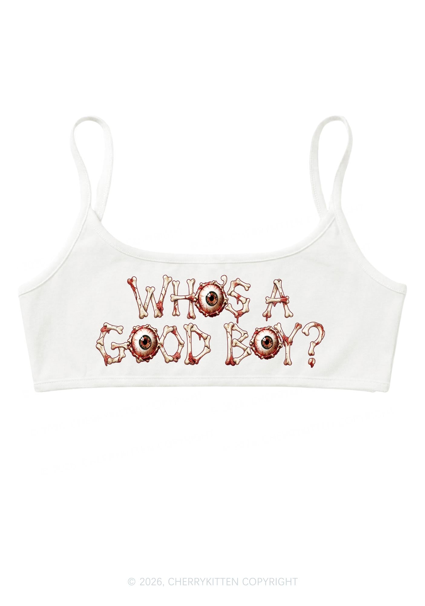 Halloween Whos A Good Boy Bone Eyeball Y2K Super Crop Cami Cherrykitten