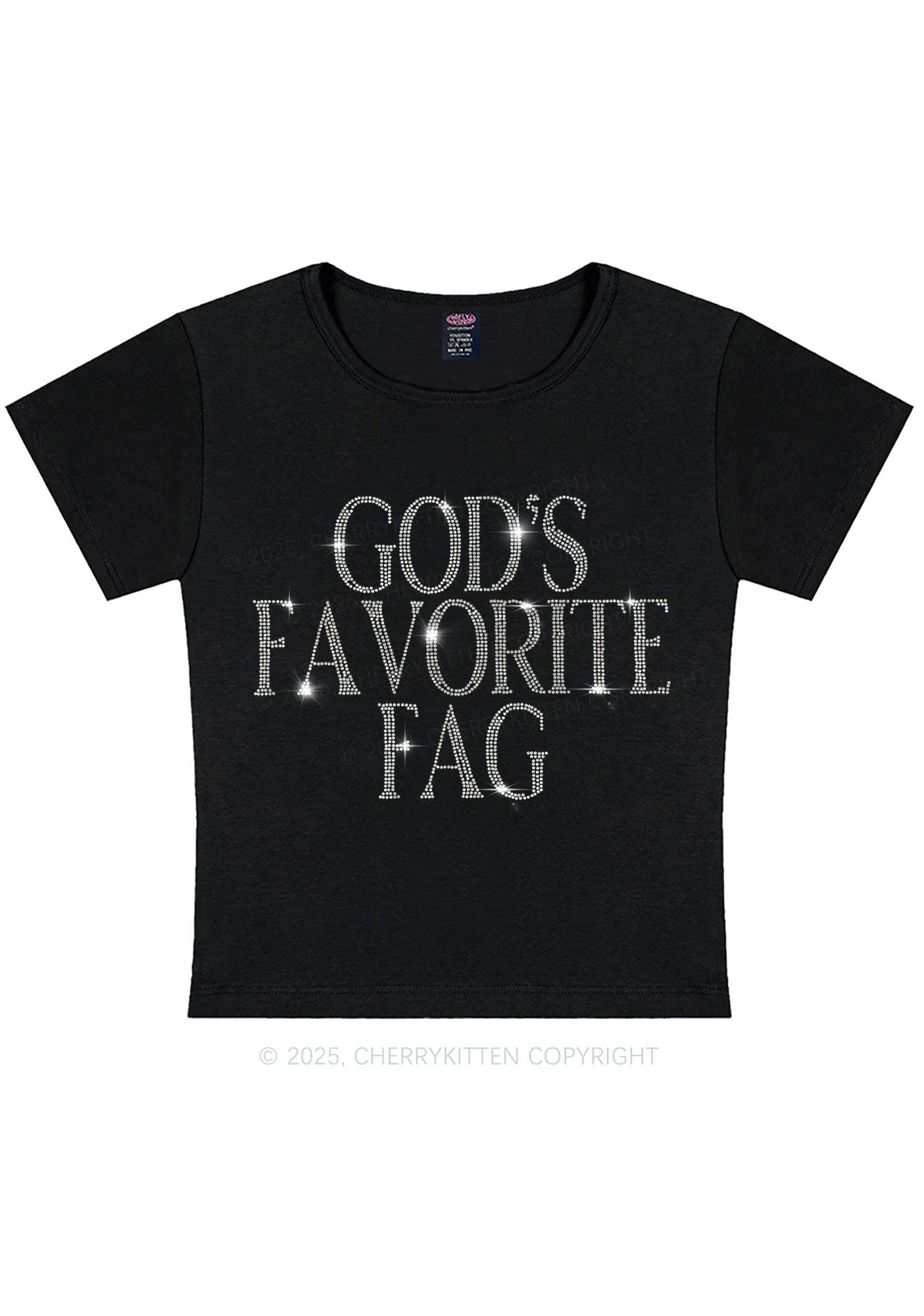 Rhinestone Gods Favorite Fag Pride Y2K Baby Tee Cherrykitten