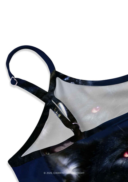 Hip Hop Black Wolf Y2K Print Slip Dress Cherrykitten