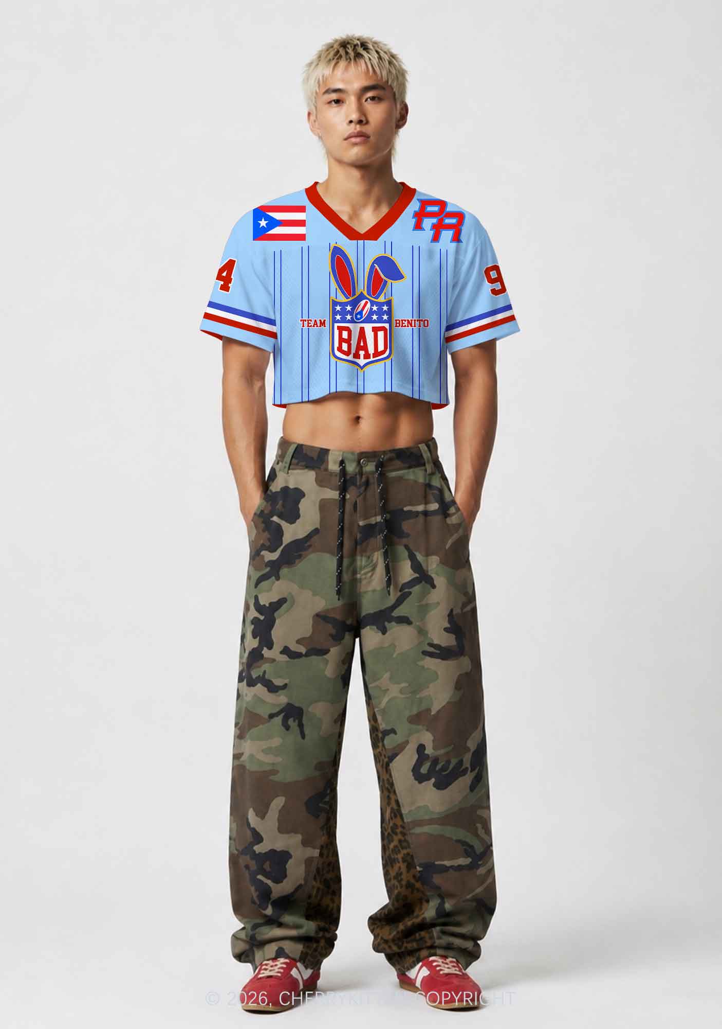 Blue Stripe Football Bunny Y2K Crop Sport Jersey Shirts Cherrykitten