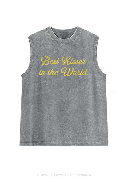 Glitter Best Kisser In The World Y2K Washed Muscle Tank Cherrykitten