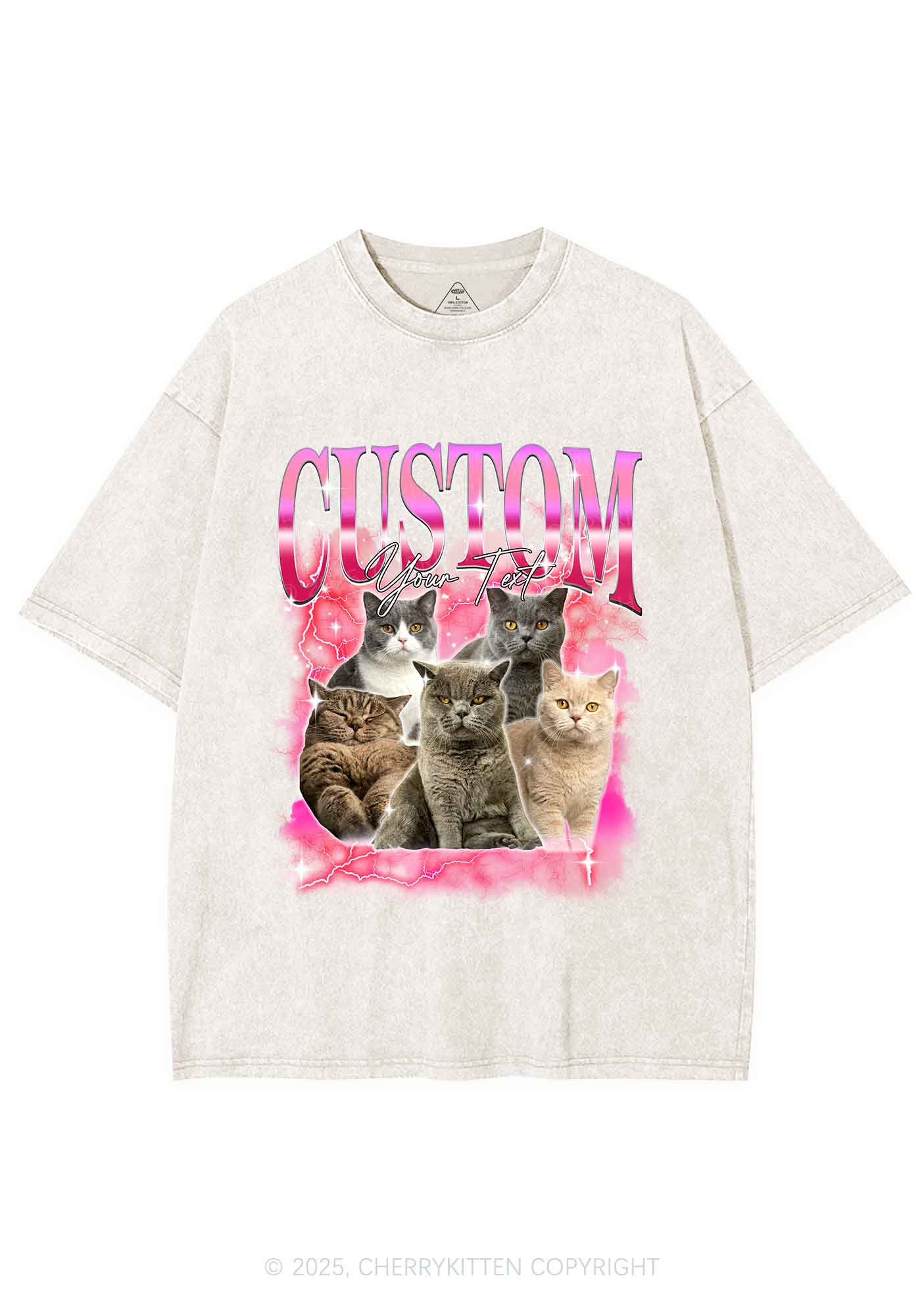 Custom Neon Lightning Cat Photo Y2K Shirts Washed Tee Cherrykitten