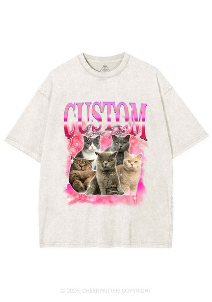 Custom Neon Lightning Cat Photo Y2K Shirts Washed Tee Cherrykitten