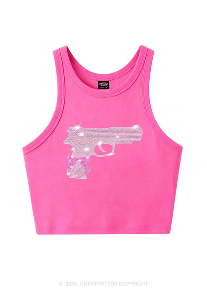 Rhinestone Pink Bow Weapon Y2K Crop Tank Top Cherrykitten