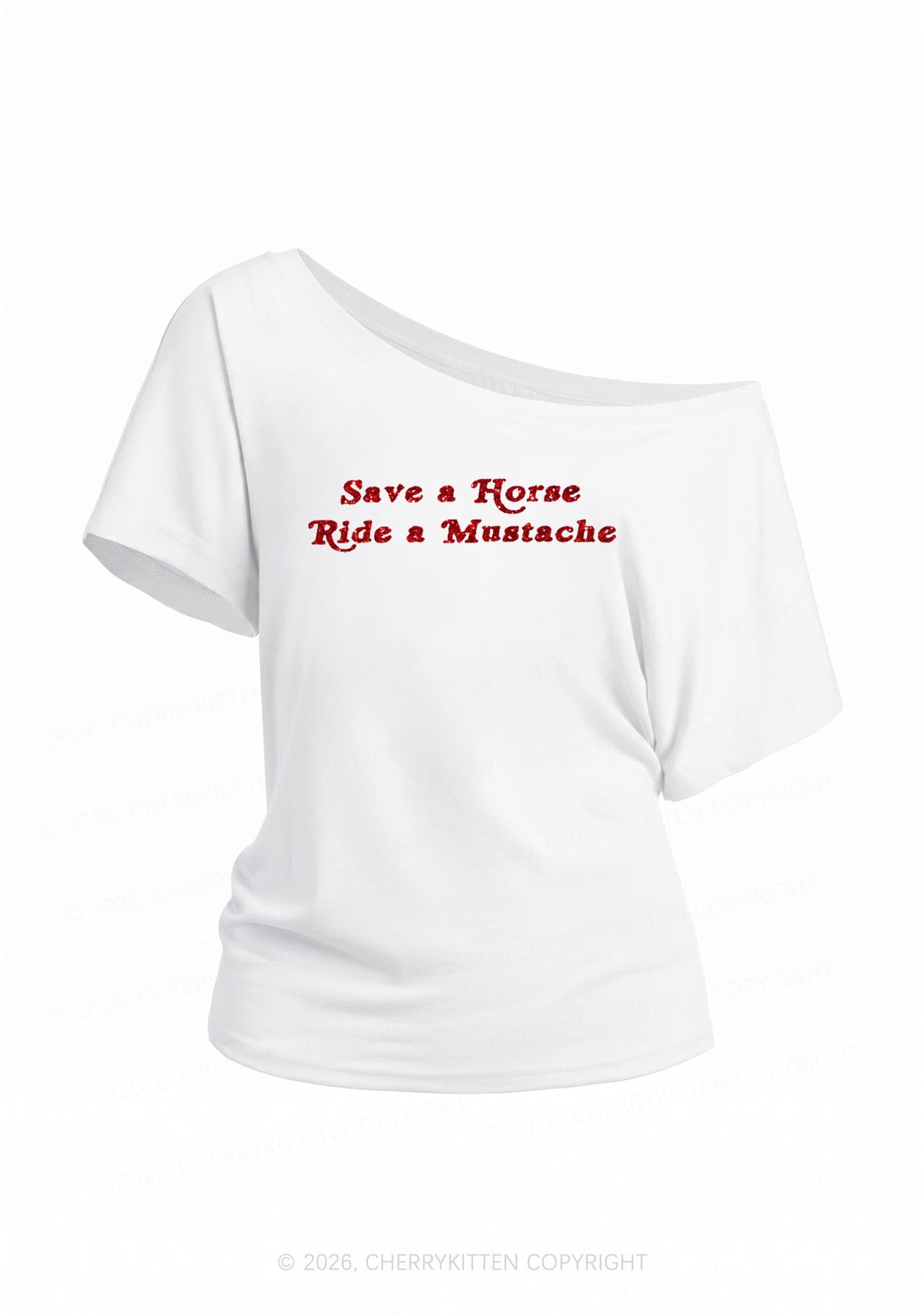 Glitter Ride A Mustache Y2K Off Shoulder Tee Cherrykitten
