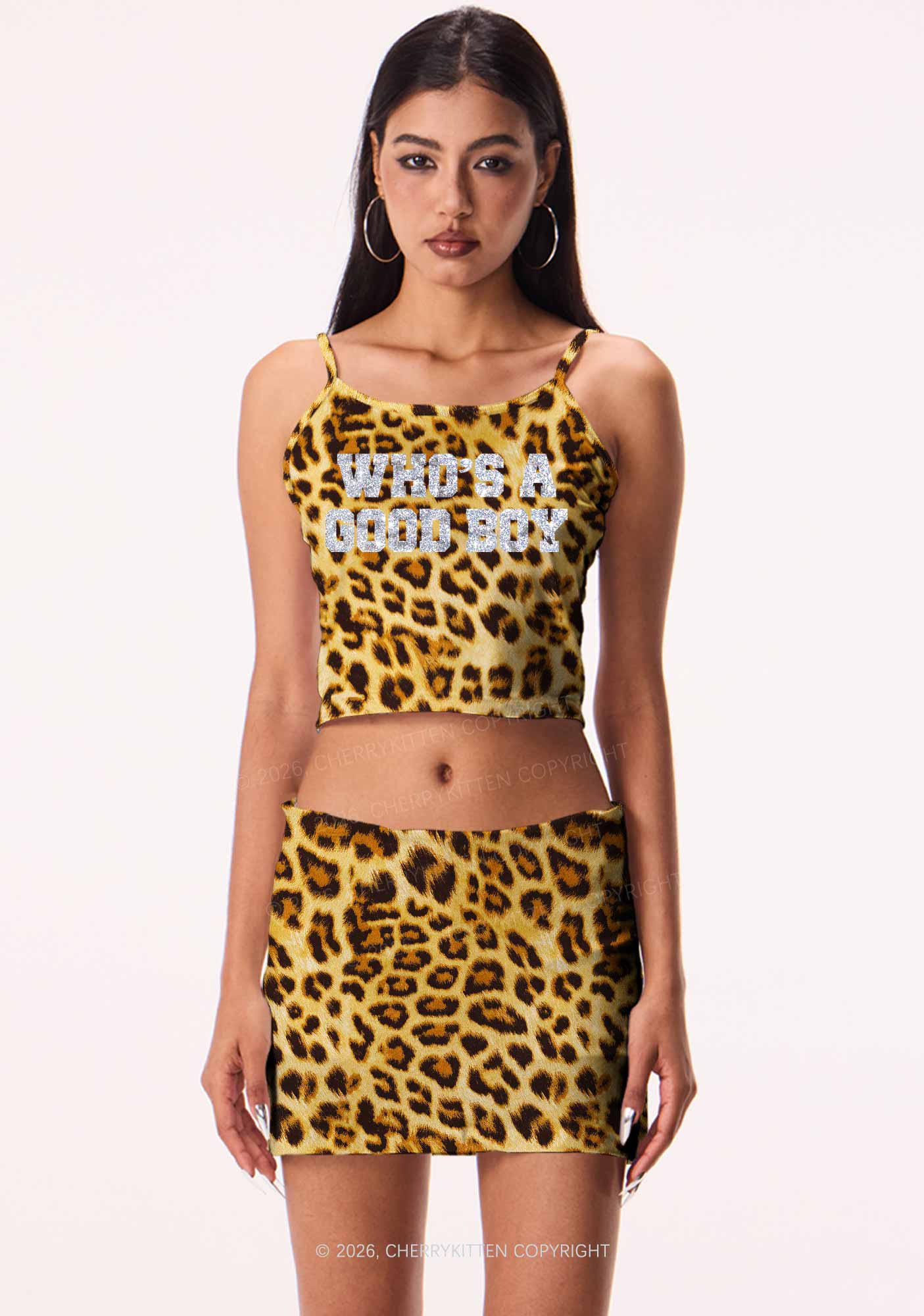 Glitter Whos A Good Boy Y2K Brown Leopard Print Cami Crop Top Cherrykitten