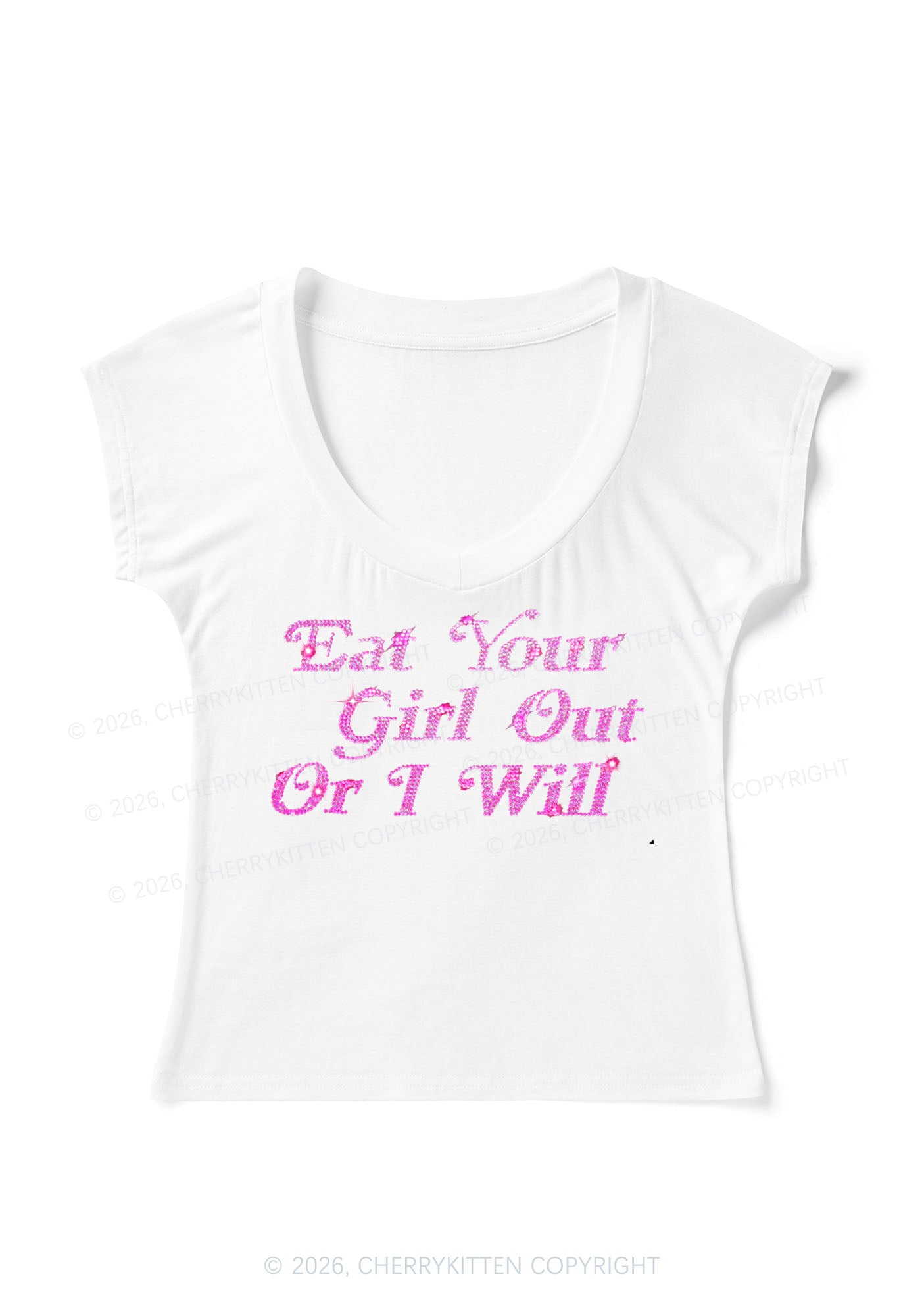 Rhinestone Eat Your Girl Out Y2K V Neck T Shirts Cherrykitten