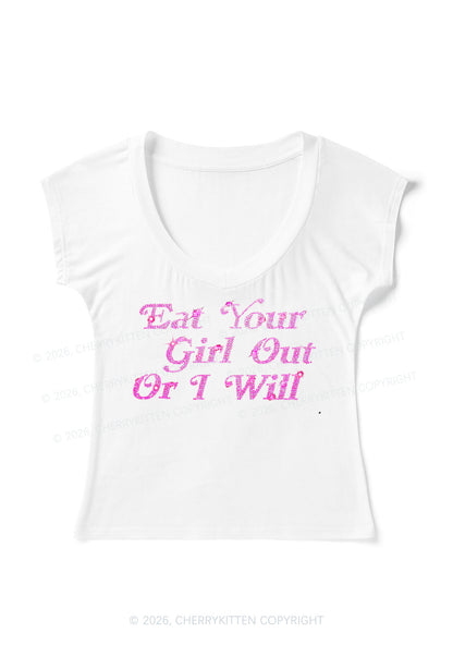 Rhinestone Eat Your Girl Out Y2K V Neck T Shirts Cherrykitten