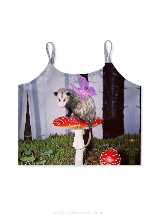 Fairy Possum On Mushroom Y2K Print Cami Crop Top Cherrykitten