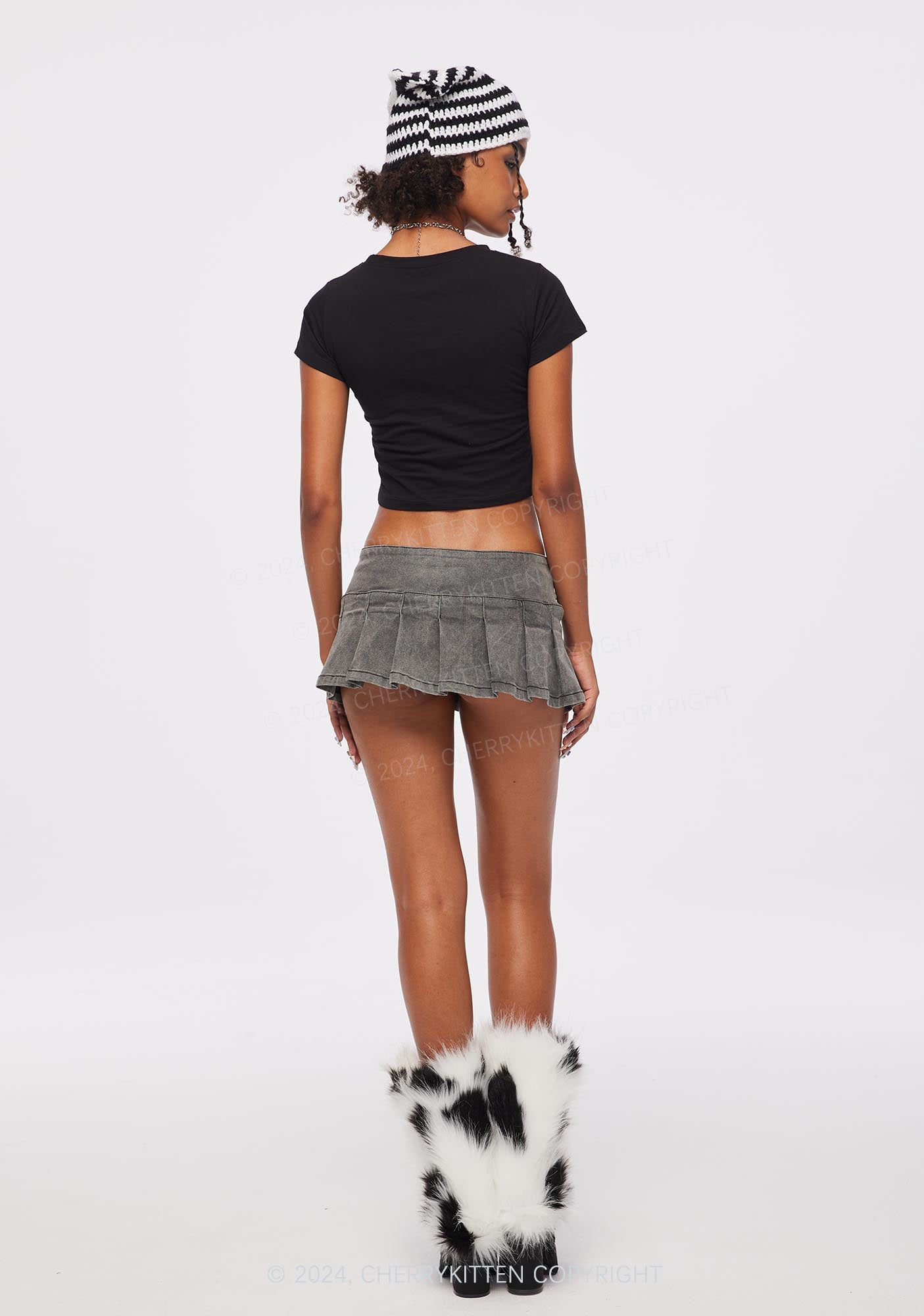 Grey Denim Pleated Y2K Mini Skirt Cherrykitten