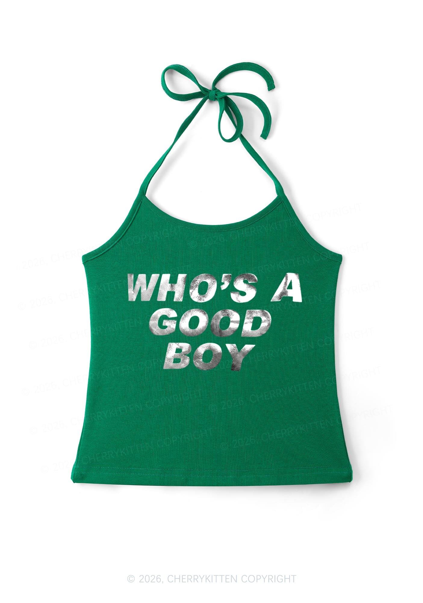 Whos A Good Boy Silver Foil Printed Y2K Halter Neck Cami Cherrykitten