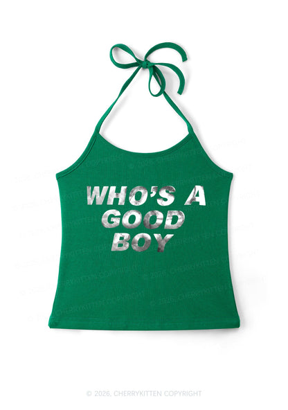 Whos A Good Boy Silver Foil Printed Y2K Halter Neck Cami Cherrykitten