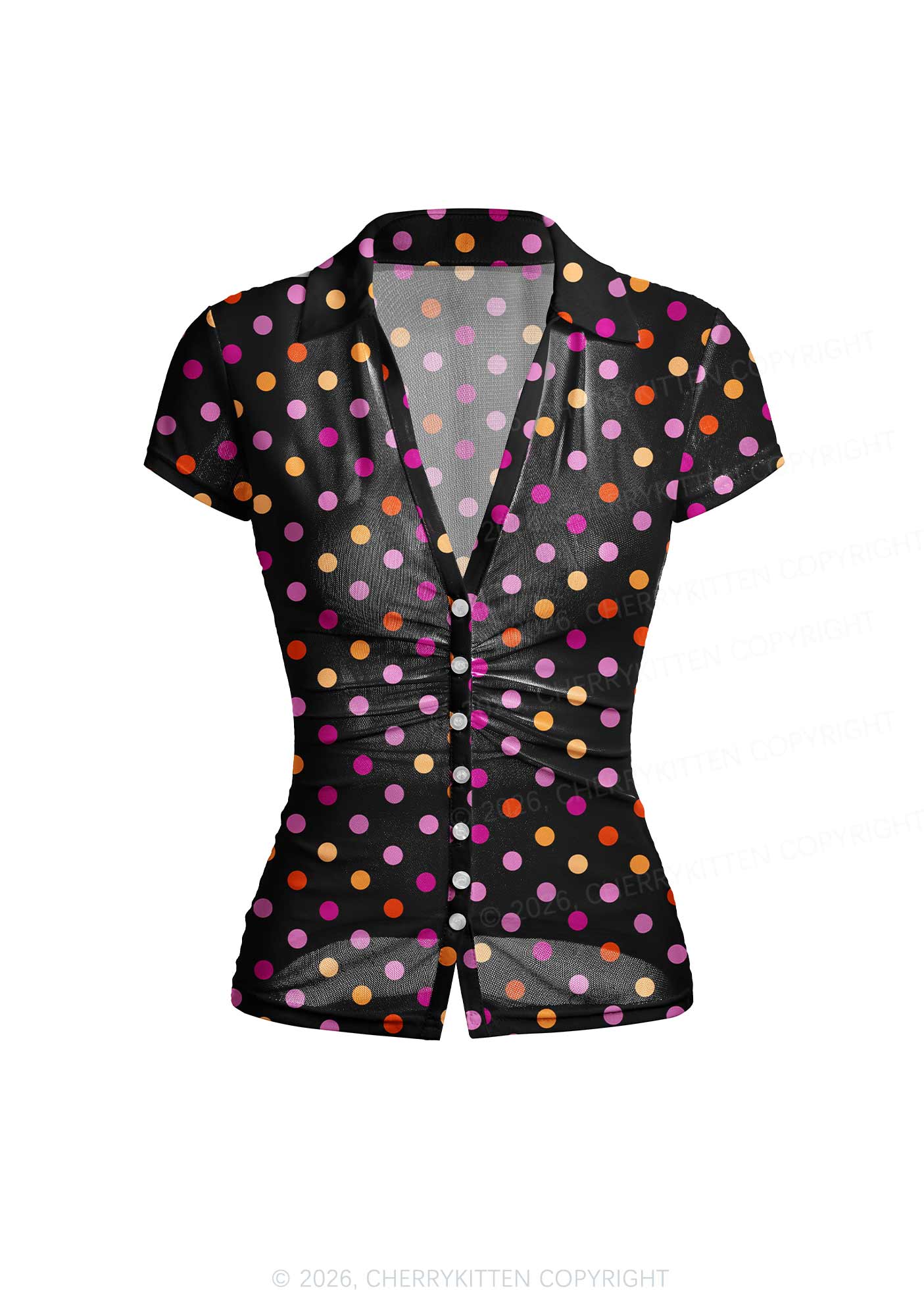 Lesbian Dots Pride Y2K Mesh Ruched Waist V Neck Top Cherrykitten