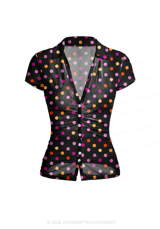 Lesbian Dots Pride Y2K Mesh Ruched Waist V Neck Top Cherrykitten