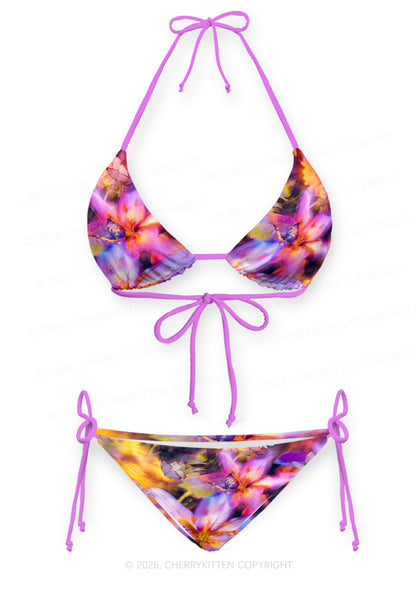 Purple Floral Butterfly Y2K Print Bikini Set Cherrykitten