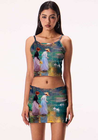 Sunset Pond Swans Pride Y2K Print Mini Skirt Cherrykitten