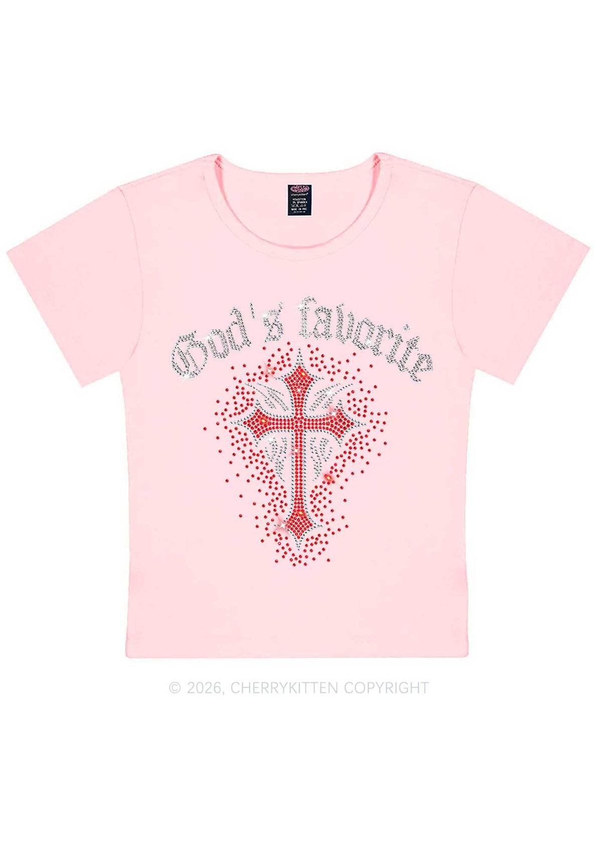Rhinestone Gods Favorite Cross Y2K Baby Tee Cherrykitten