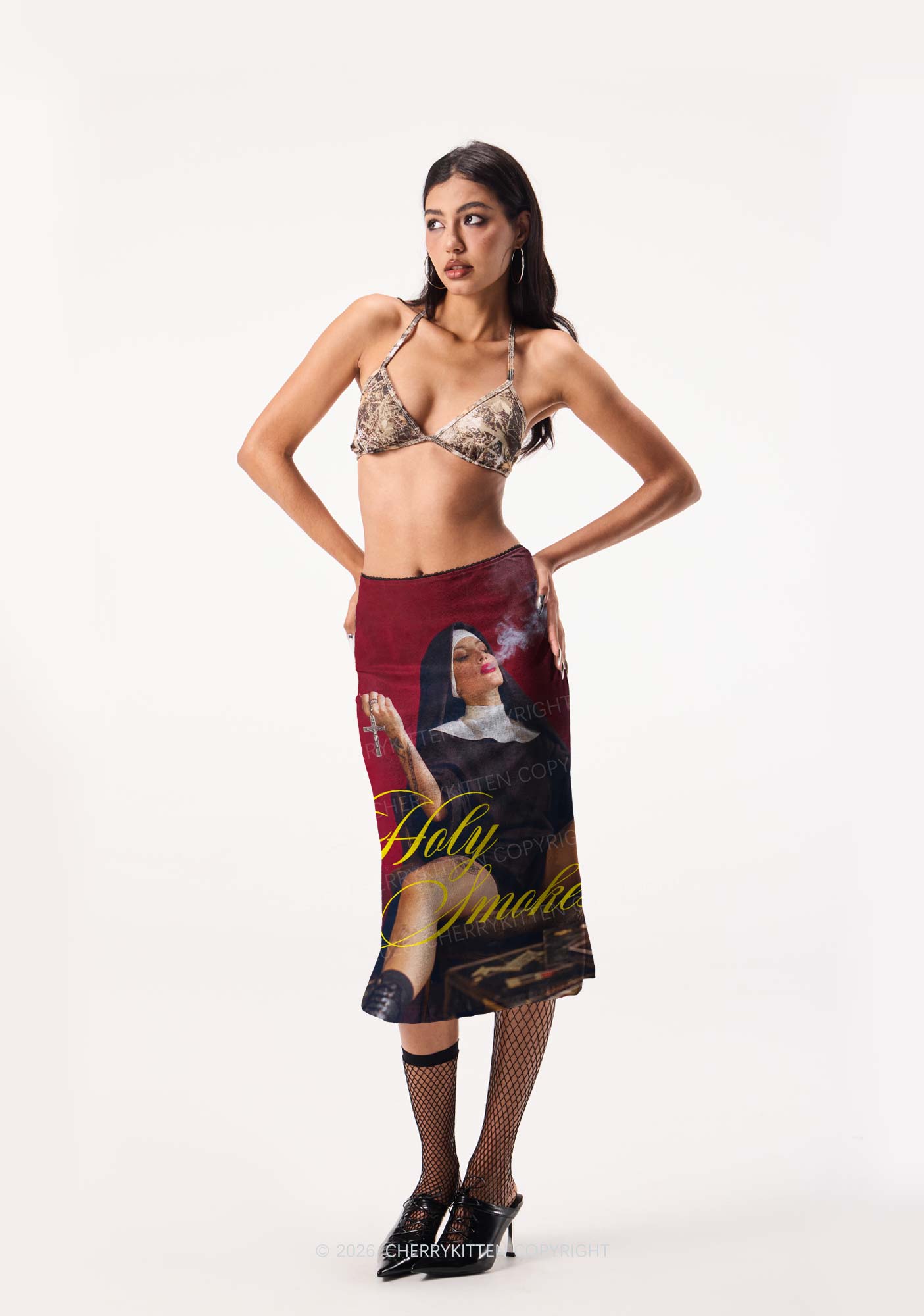Holy Smokes Nun Y2K Print Midi Skirt Cherrykitten