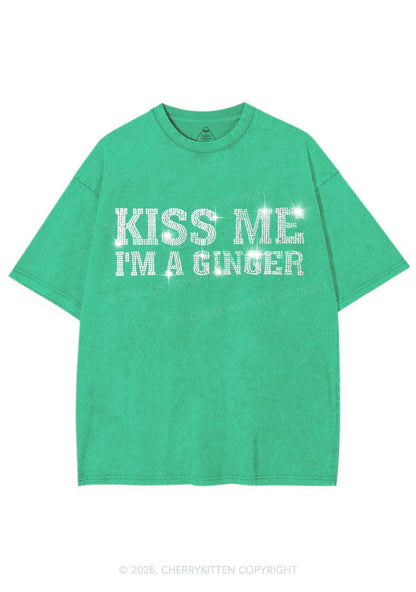 Rhinestone Kiss Me Im Ginger St Patricks Y2K Shirts Washed Tee Cherrykitten