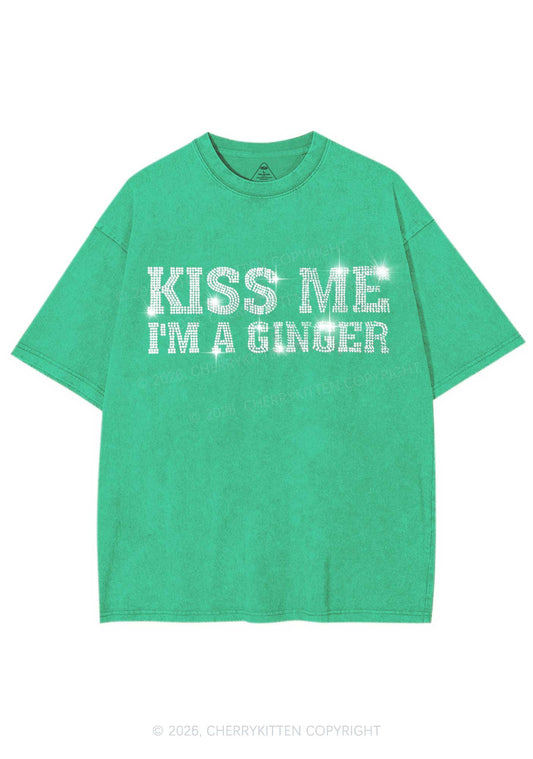 Rhinestone Kiss Me Im Ginger St Patricks Y2K Shirts Washed Tee Cherrykitten