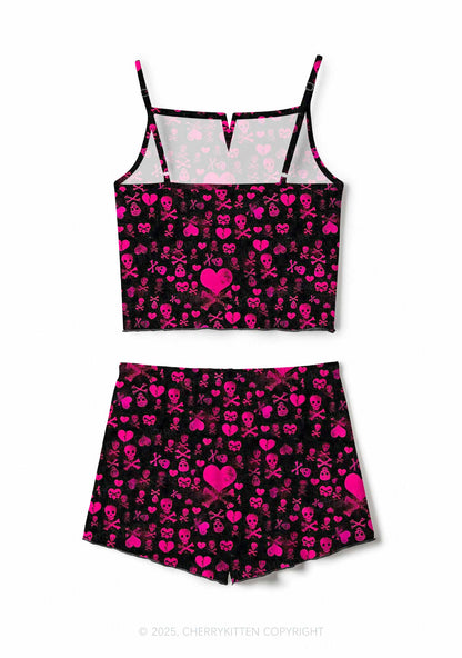 Skeleton Pink Love Valentine's Day Y2K Print Cami Shorts Pajama Set Cherrykitten