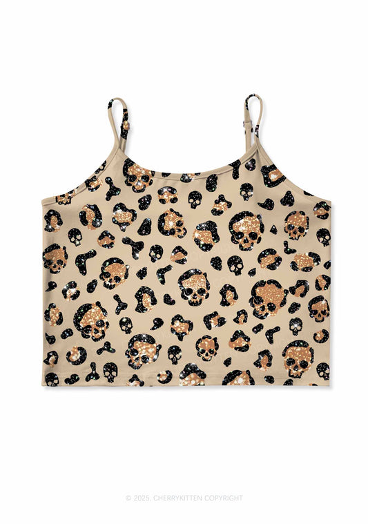 Halloween Leopard Sparkly Skull Y2K Print Cami Crop Top Cherrykitten