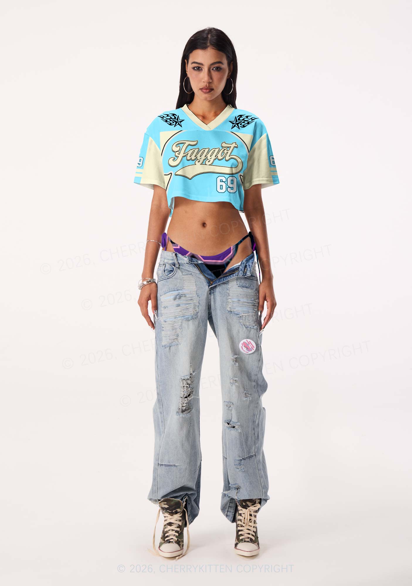 Light Blue Faggot Pride Y2K Crop Sport Jersey Shirts Cherrykitten