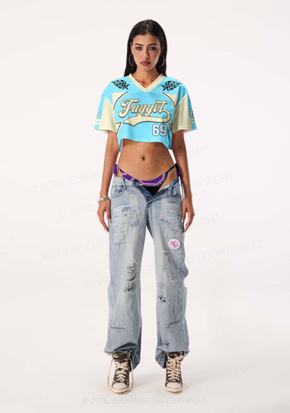 Light Blue Faggot Pride Y2K Crop Sport Jersey Shirts Cherrykitten