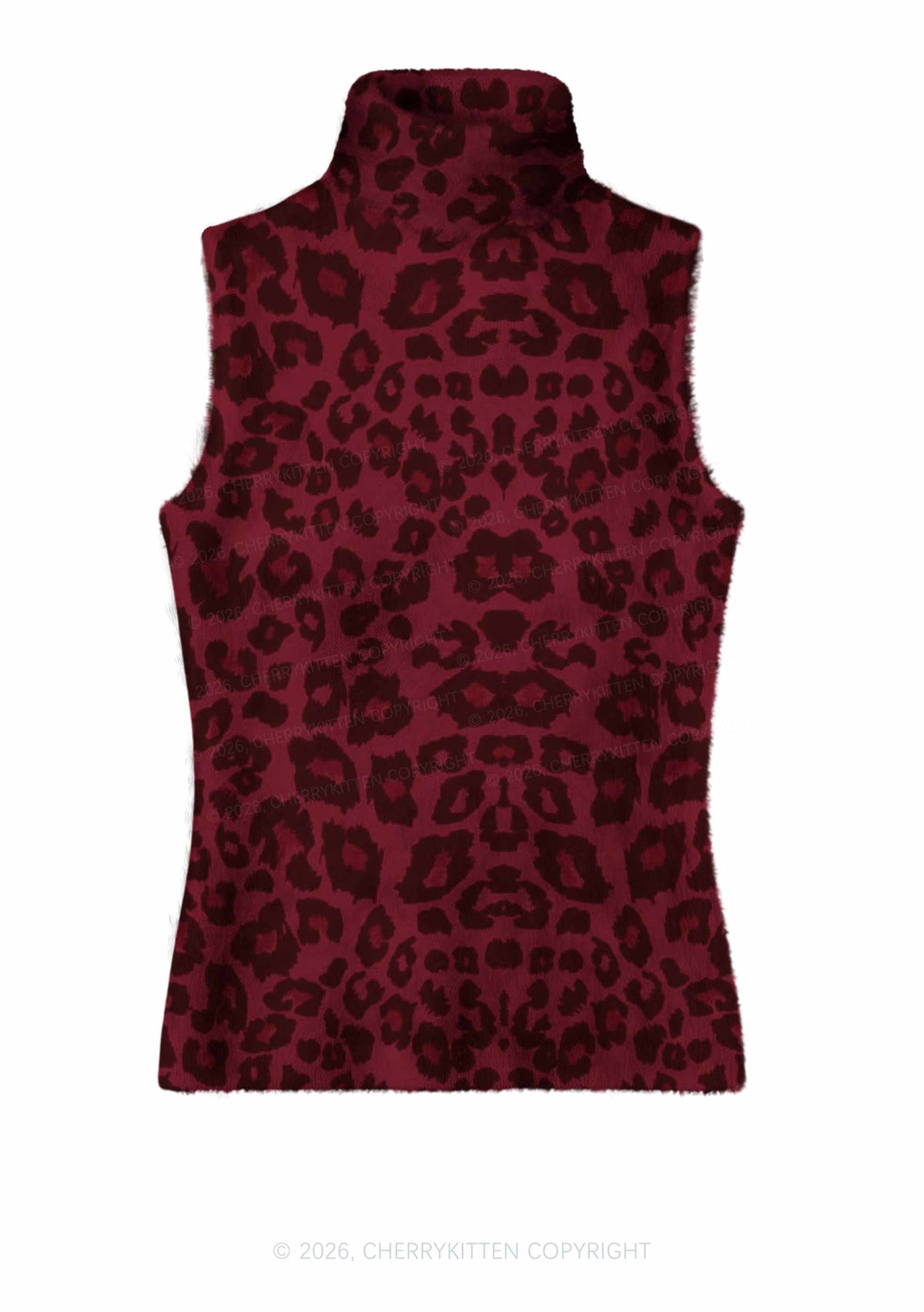 Wine Red Leopard Y2K Knit Turtleneck Tank Top Cherrykitten