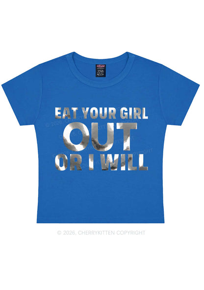 Eat Your Girl Out Silver Foil Printed Y2K Baby Tee Cherrykitten