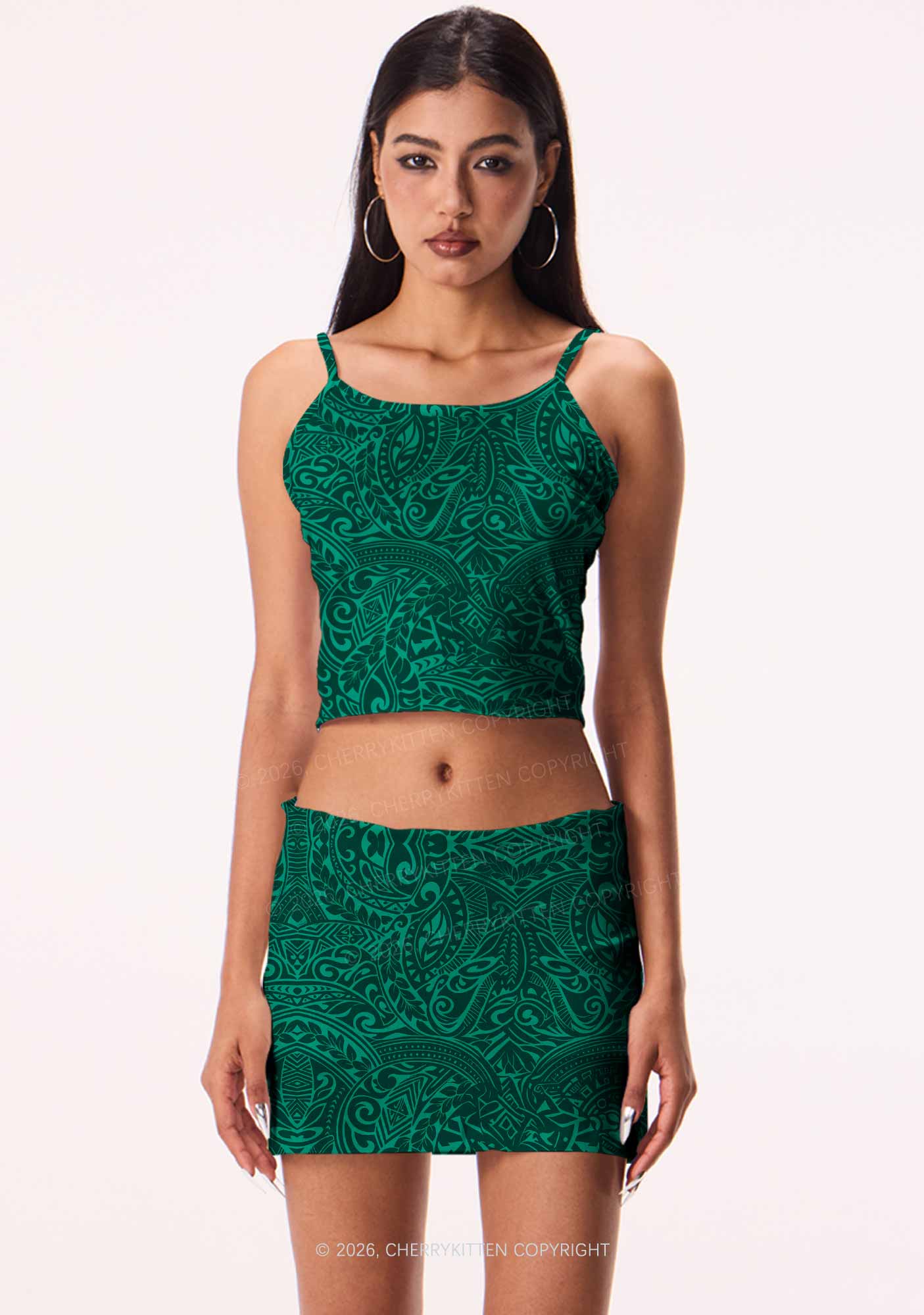 Green Swirl Leaf Y2K Print Cami Crop Top Cherrykitten