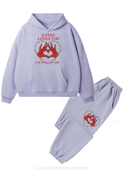 Halloween Satan Loves You Heart Y2K Fleece Hoodie Set Cherrykitten