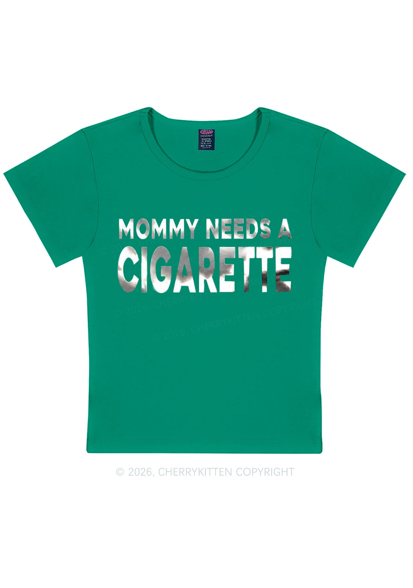 Mommy Needs A Cigarette Silver Foil Printed Y2K Baby Tee Cherrykitten