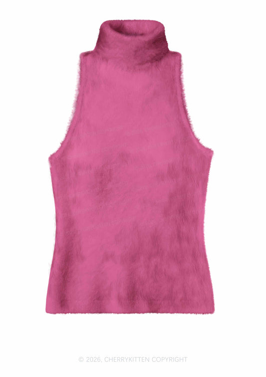 Plain Rose Red Y2K Knit Turtleneck Tank Top Cherrykitten