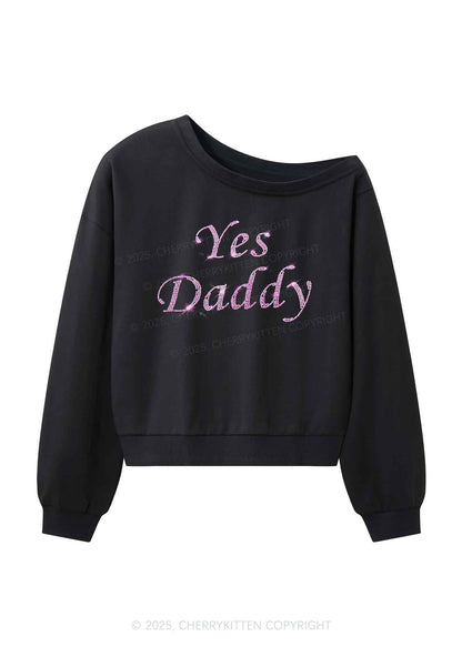 Rhinestone Yes Daddy Y2K Off Shoulder Sweatshirts Cherrykitten