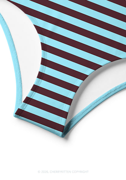 Blue Brown Stripes Y2K Print Bikini Set Cherrykitten