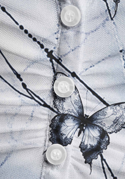 Web And Butterflies Y2K Mesh Ruched  Waist  V Neck Top Cherrykitten