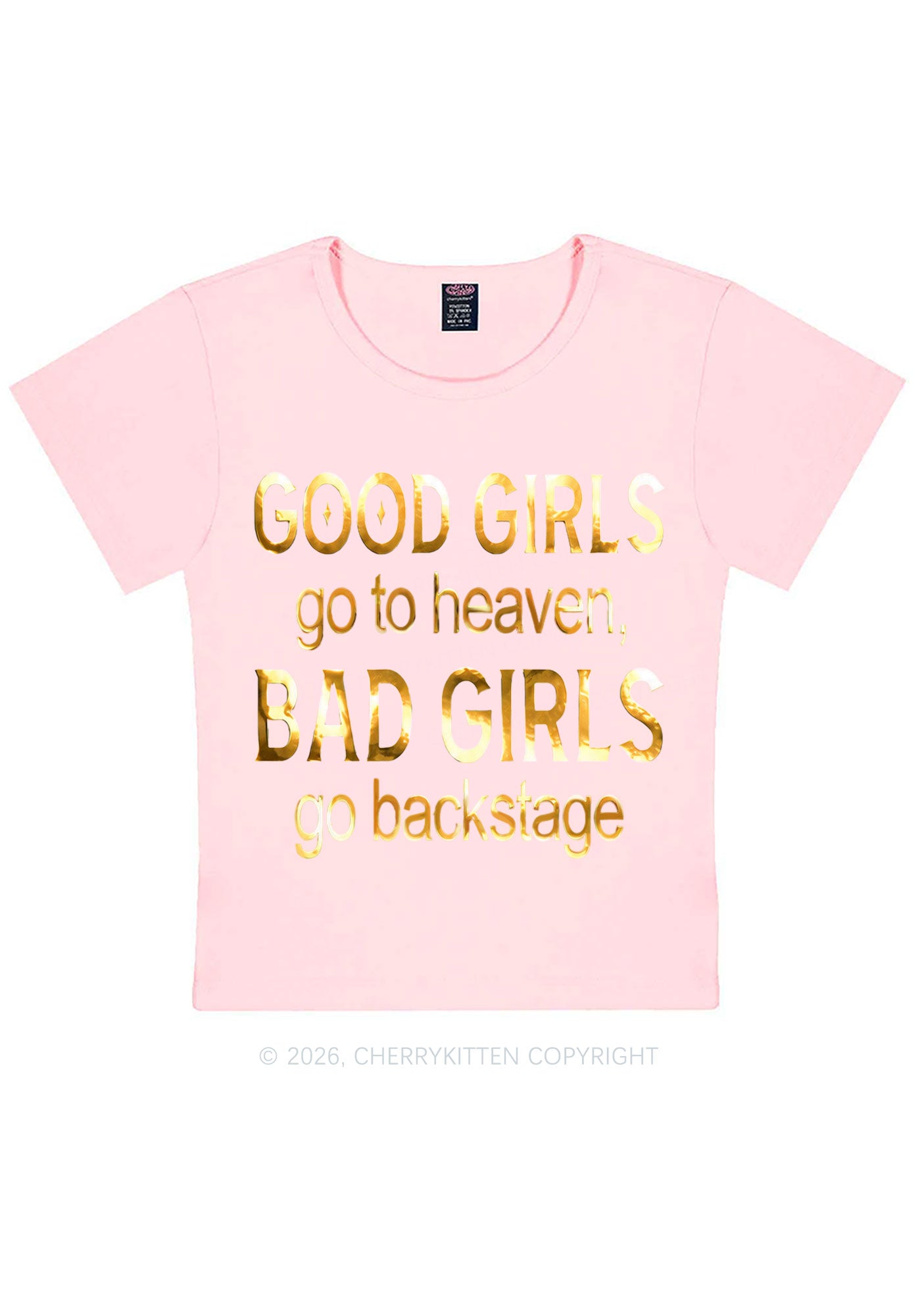Bad Girls Go Backstage Silver Foil Printed Y2K Baby Tee Cherrykitten