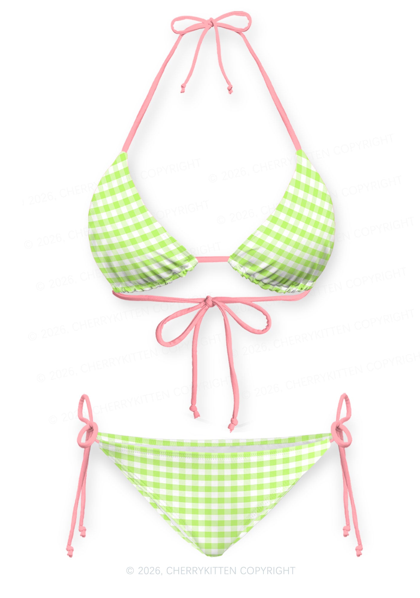 White Green Plaid Y2K Print Bikini Set Cherrykitten
