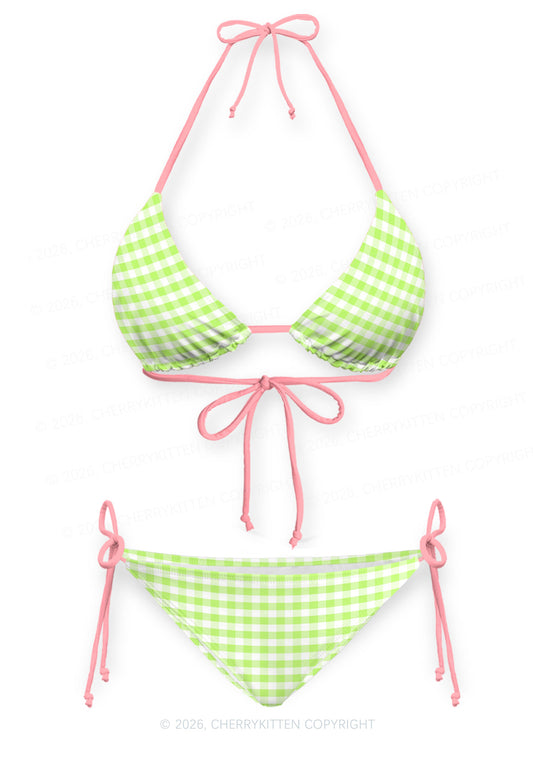 White Green Plaid Y2K Print Bikini Set Cherrykitten