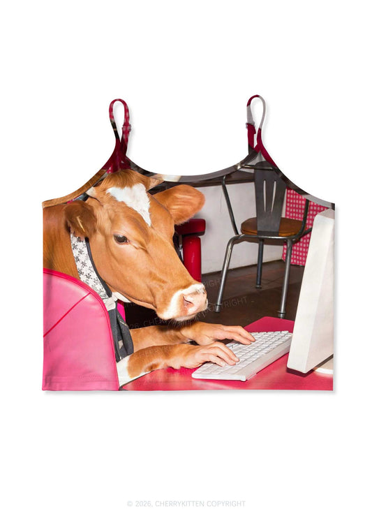 Cow Typing Keyboard Y2K Print Cami Crop Top Cherrykitten