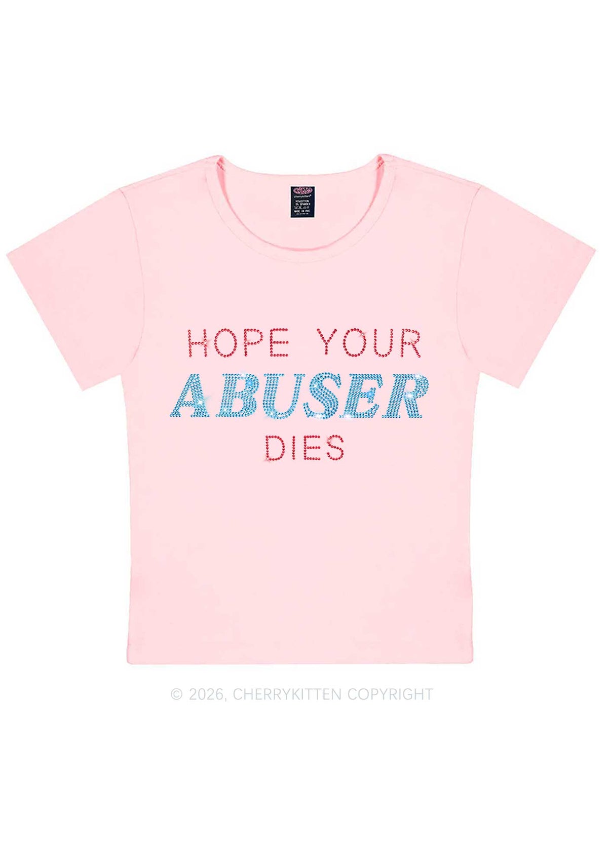 Rhinestone Hope Your Abuser Dies Y2K Baby Tee Cherrykitten