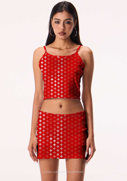 Red White Gradient Cross Y2K Print Cami Crop Top Cherrykitten