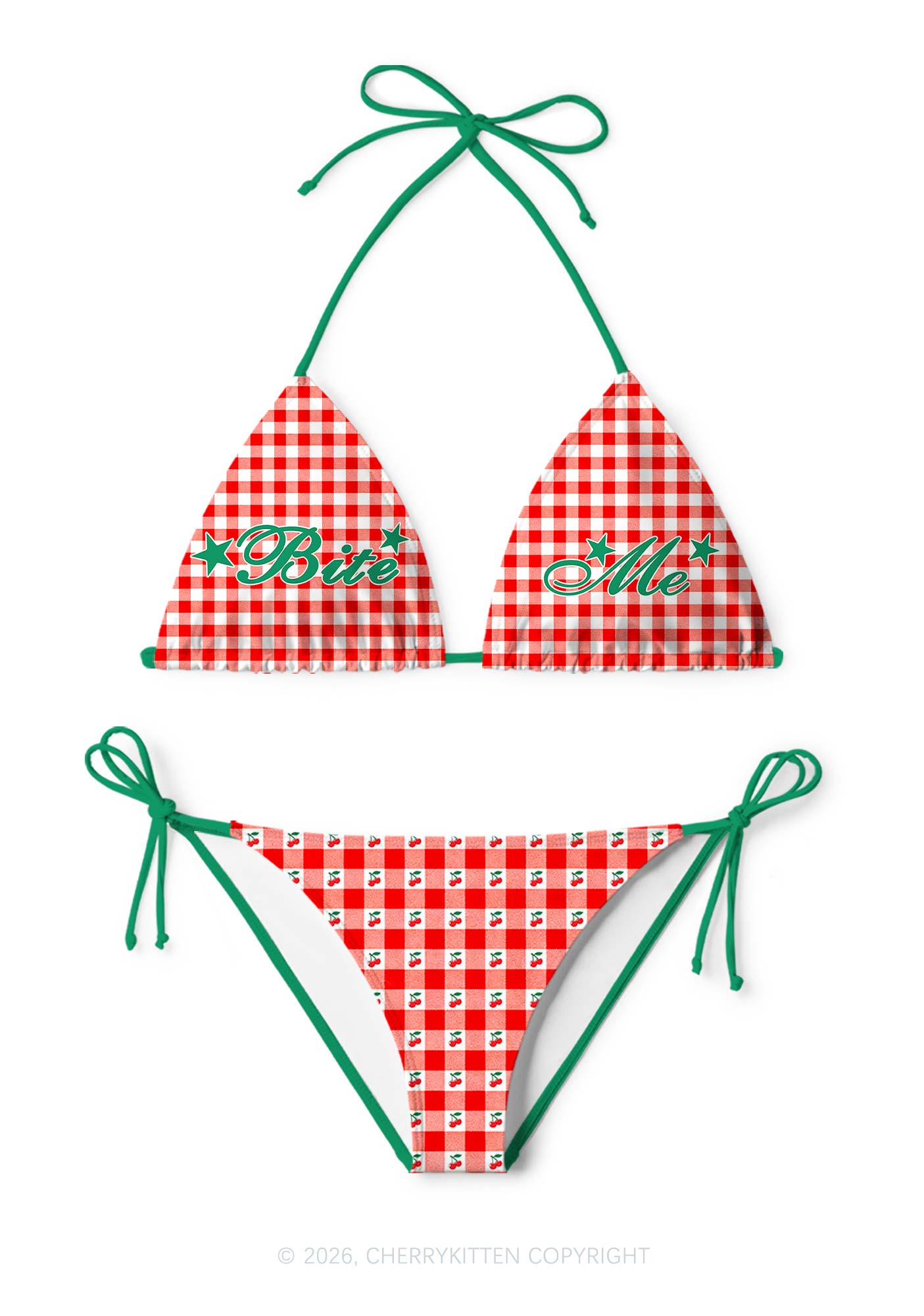 Red Plaid Bite Me Y2K Print Bikini Set Cherrykitten