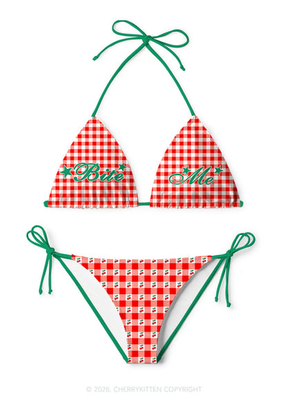 Red Plaid Bite Me Y2K Print Bikini Set Cherrykitten