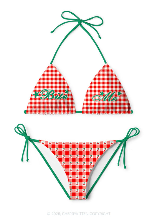 Red Plaid Bite Me Y2K Print Bikini Set Cherrykitten