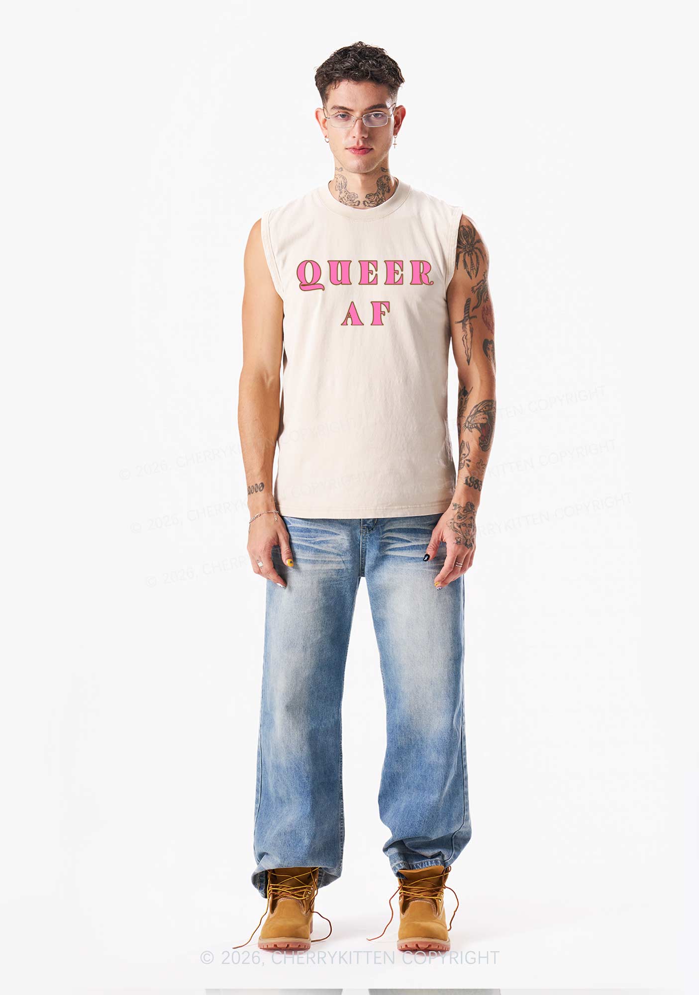 Queer AF Pride Y2K Washed Muscle Tank Cherrykitten