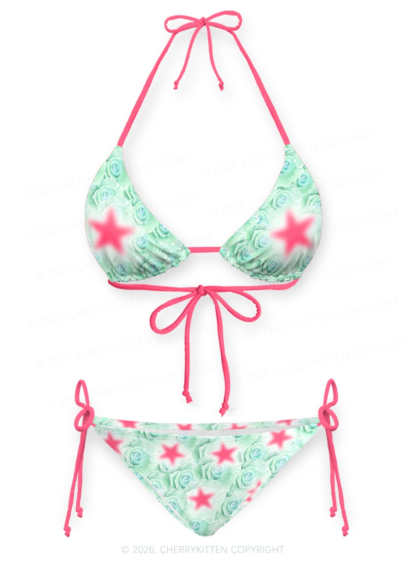 Mint Green Rose Pink Star Y2K Print Bikini Set Cherrykitten