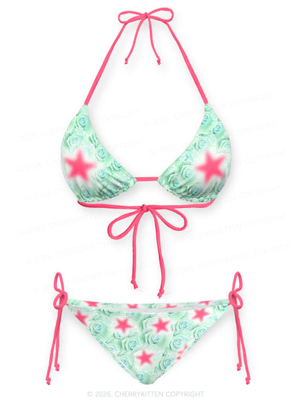 Mint Green Rose Pink Star Y2K Print Bikini Set Cherrykitten