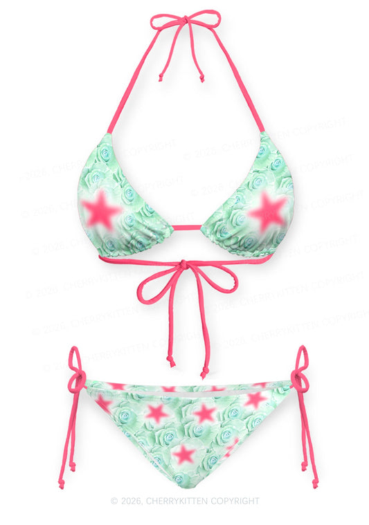 Mint Green Rose Pink Star Y2K Print Bikini Set Cherrykitten